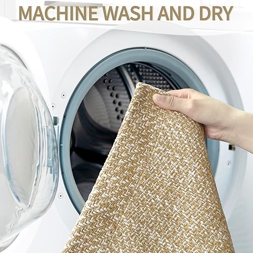 Miniatura 4 de MitoVilla Alfombra pequeña de baño bohemia de 2 x 3 pies, alfombra tejida de algodón color crema marrón para sala de estar, alfombra de cocina