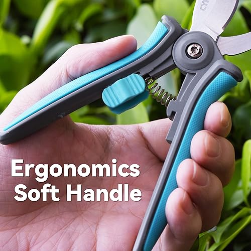 Miniatura 5 de CYRUS Tijeras de jardinería de 6 pulgadas, tijeras de podar de mano con cuchillas curvadas de acero inoxidable para plantas, tijeras de jardín de