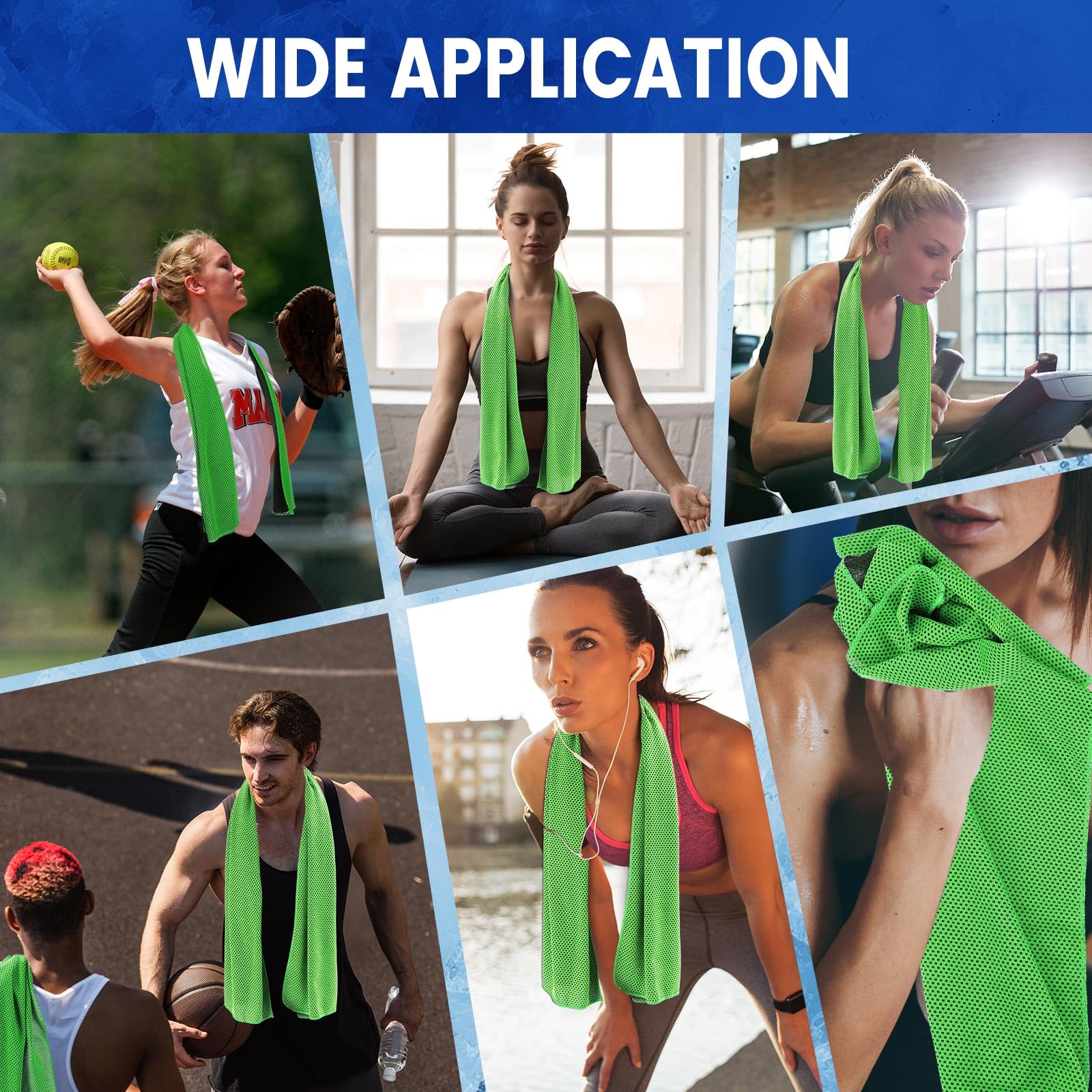 Pack 100 Toallas Refrescantes 40"x12" Microfibra Cooling Towel Deportiva, Efecto Frío Instantáneo, Reutilizable, Transpirable, para Equipos Eventos Gym Deporte Bright Green