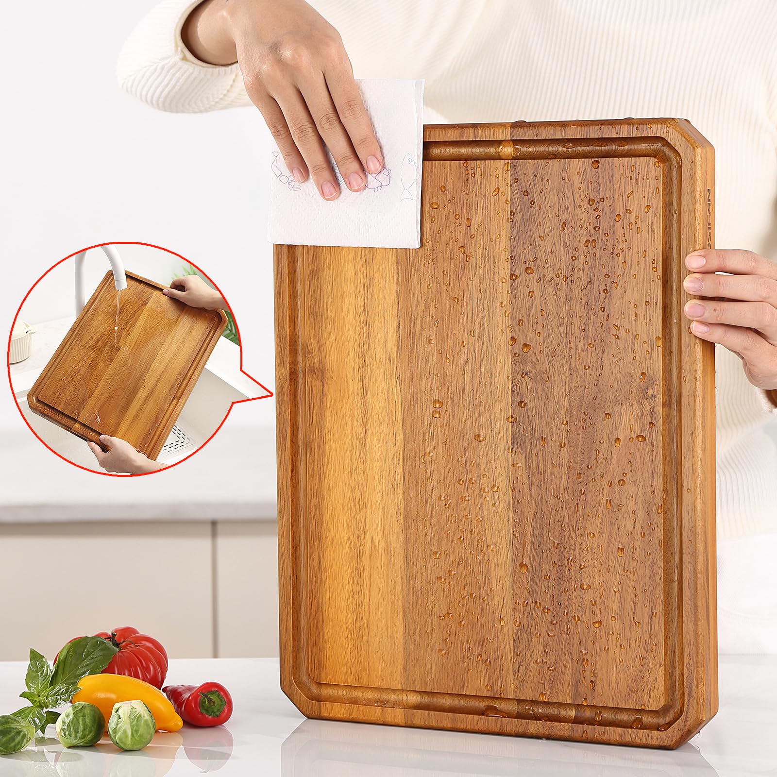 Tablas de cortar de madera de acacia para cocina, tablas de cortar grandes de madera para cortar carne, queso, frutas y verduras, tabla de embutidos extragrande con asas, ranura para jugo