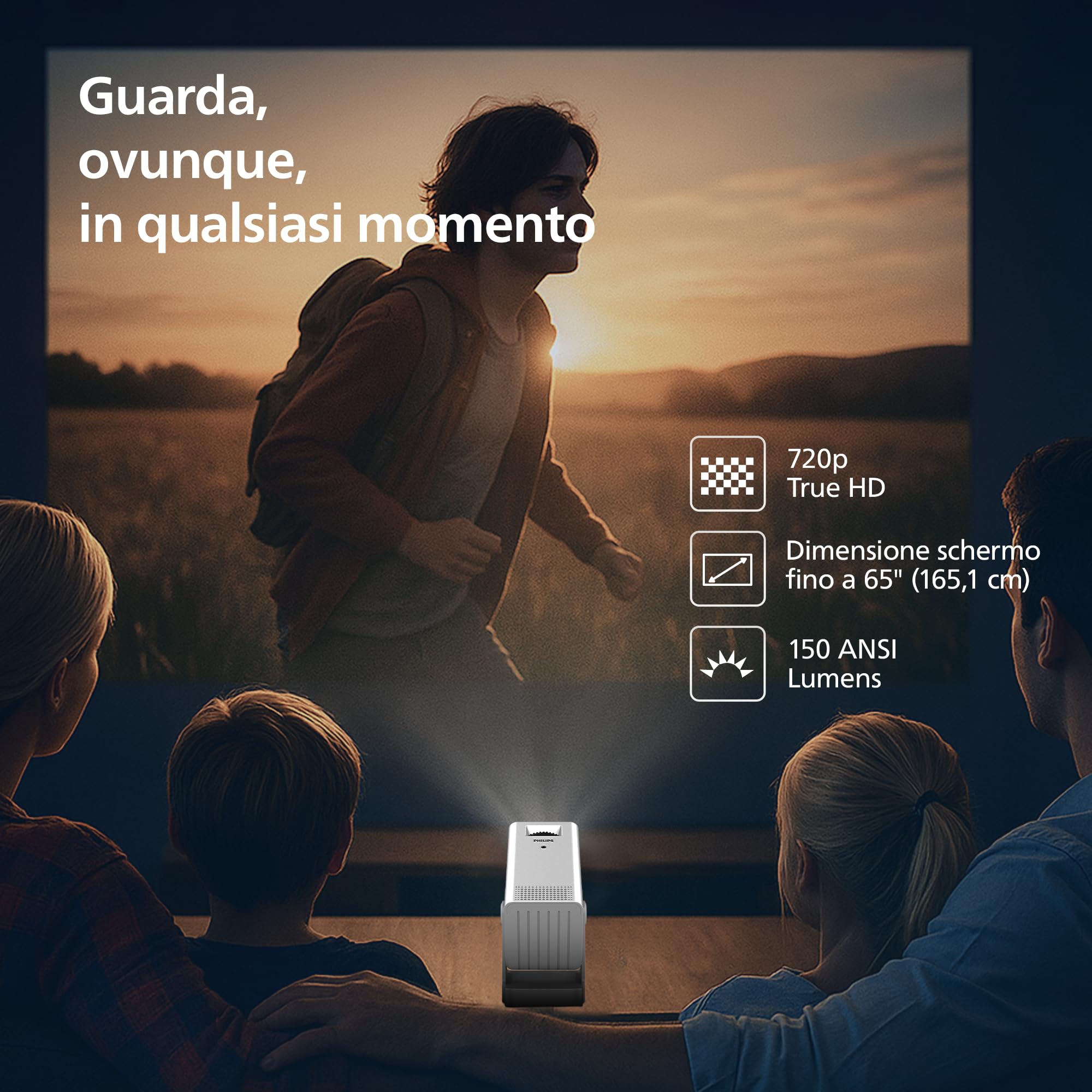 Philips, Neopix 140, Proiettore Home Theatre, Risoluzione 1280x720p, Rotativo a 180 gradi, Modalità Specchio, Wi-FI 6, Audio Stereo 2x3 Watt, Bianco