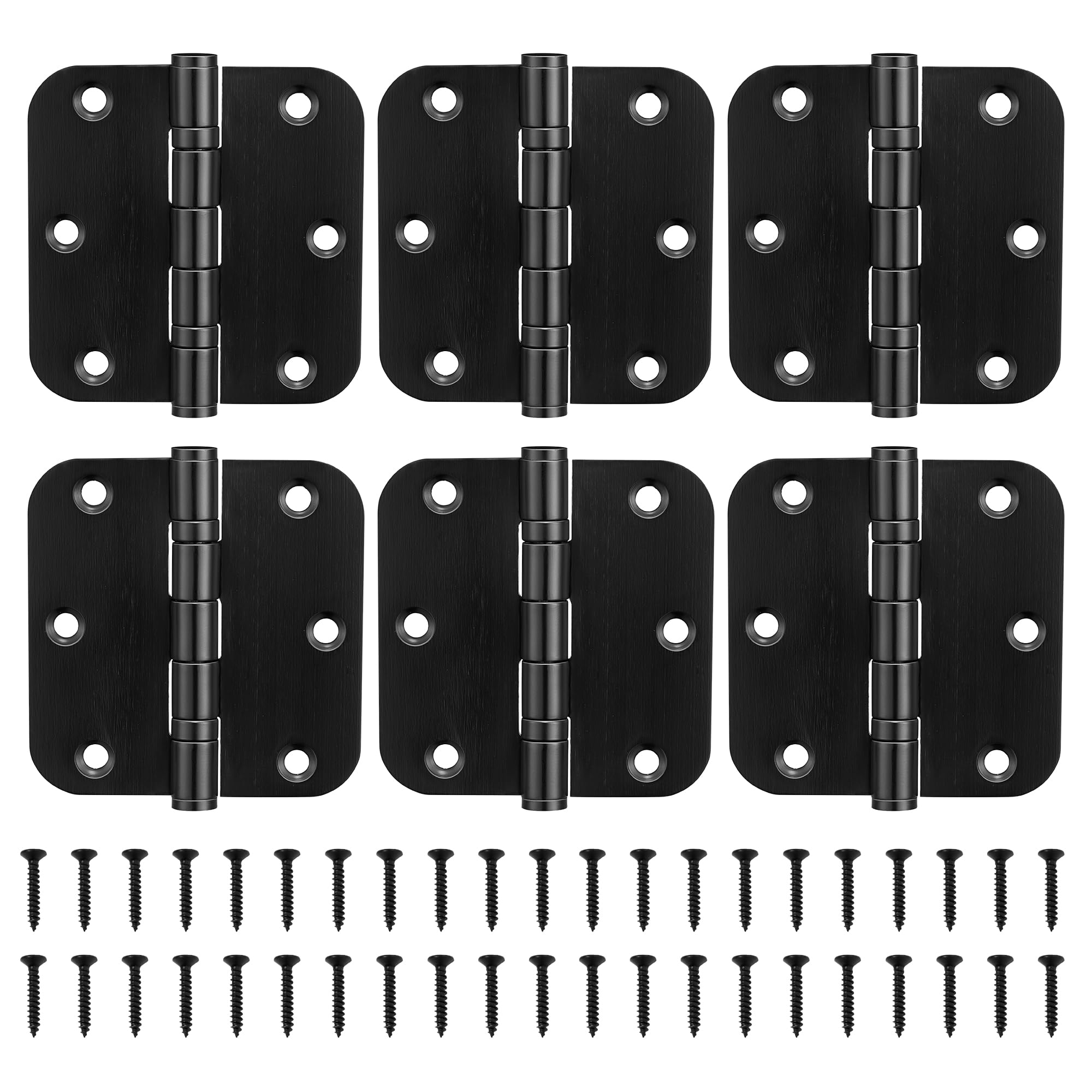 KOLET Ball Bearing Door Hinges, 3.5 Inches Black Door Hinges, 5/8'' Radius Corner Heavy Duty Stainless Steel Hinges, Smooth and Quiet, Non Removable Pin, Matte Black, 6 Pack