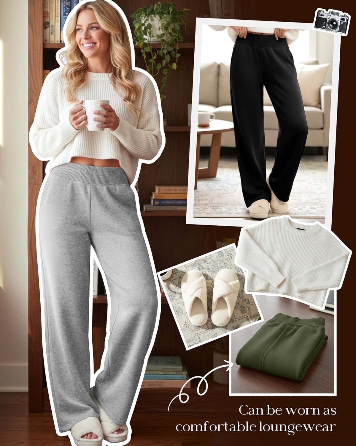 Neer 3 Pack Women's Lounge Pants Wide Leg Yoga Pant with Pocket Ribbed Wide Waist Elderly Loose Soft Lightweight Pant Pajamas
