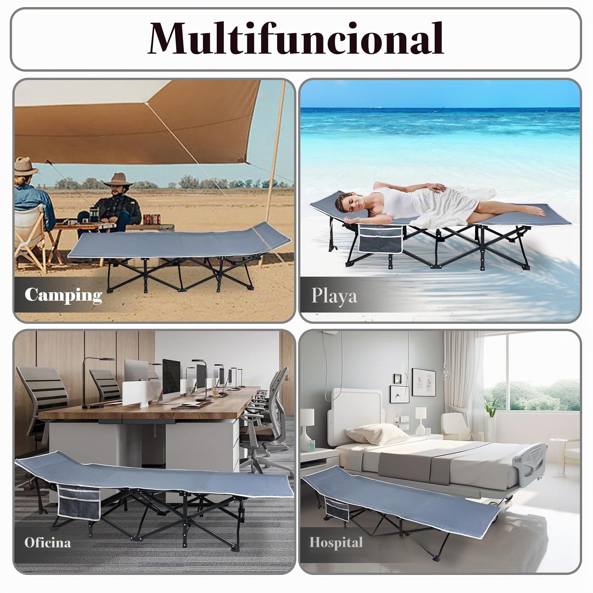 UISEBRT Cama de camping plegable portátil con bolsa de transporte y bolsillo lateral, estable de tejido Oxford, soporta hasta 250 kg, ideal para interiores y exteriores