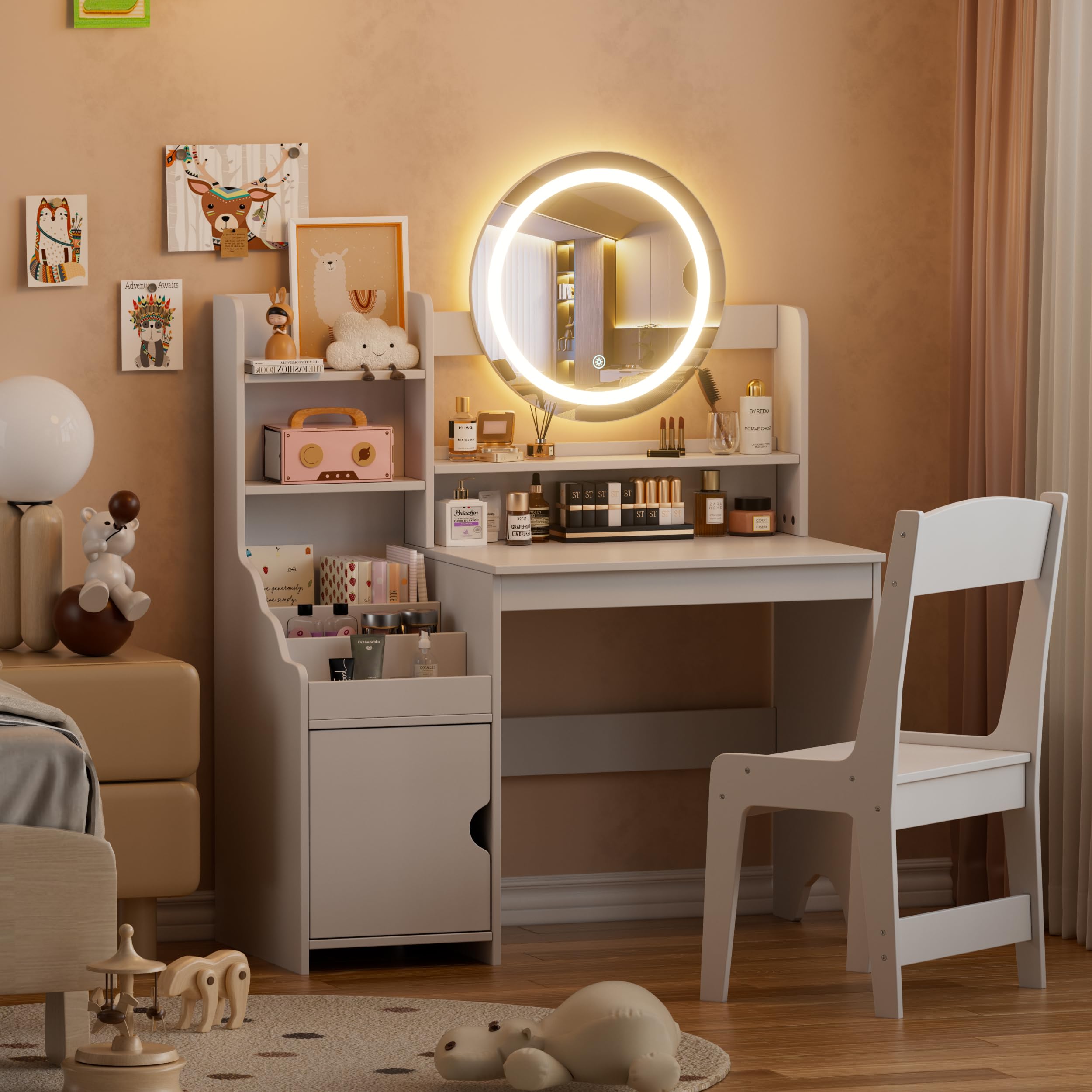 Tocador Niña Tocadors de Maquillaje con Luz y Taburete 2 en 1 Anti-dumping Tocador Infantil de Madera con Espejo y Estanterías Vanity de Maquillaje Para Niños Moderno estilo Princesa 5 años+ (Blanco)