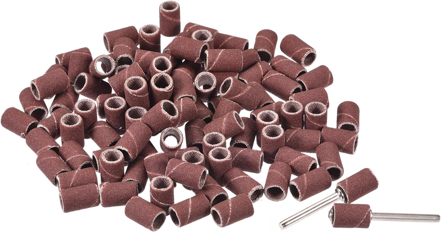 uxcell 100 Pcs 1/4 Inch Sanding Sleeves Sandpaper Set 180 Grit with 2 Pcs 1/8 Inch Drum Mandrels for Rotary Tools