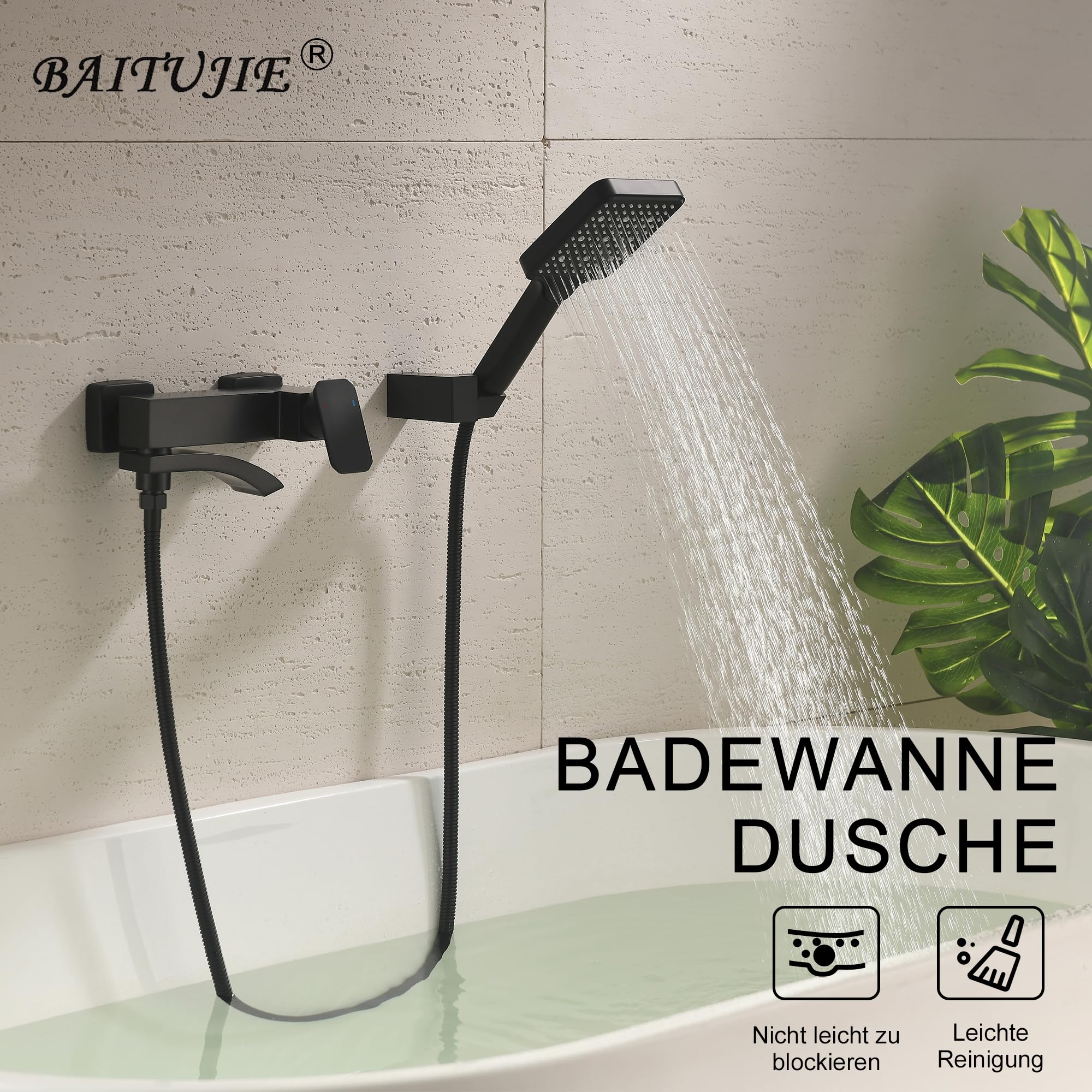 Badewannenarmatur Schwarz, Mischbatterie Badewanne mit 3 Funktionen Handbrause Wasserhahn Bad Schwarz Matt mit 90° Drehbaren Auslauf Armaturen Badewanne