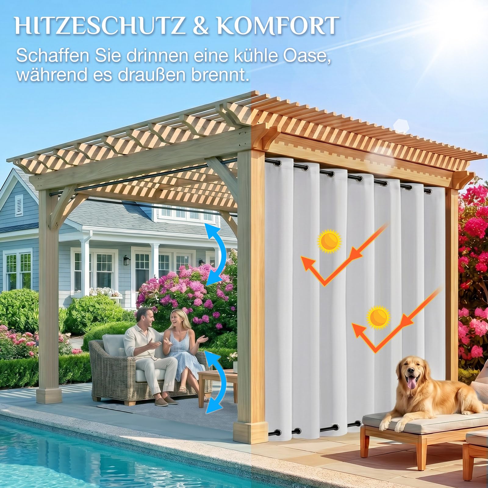 Outdoor Vorhang Wetterfest Extra Breit B254xH243cm, Winddicht mit Ösen Oben und Unten, Sichtschutz &Sonnenschutz für Pavillon Terrasse Balkon Garten, 1 Stück (Grau Weiß)