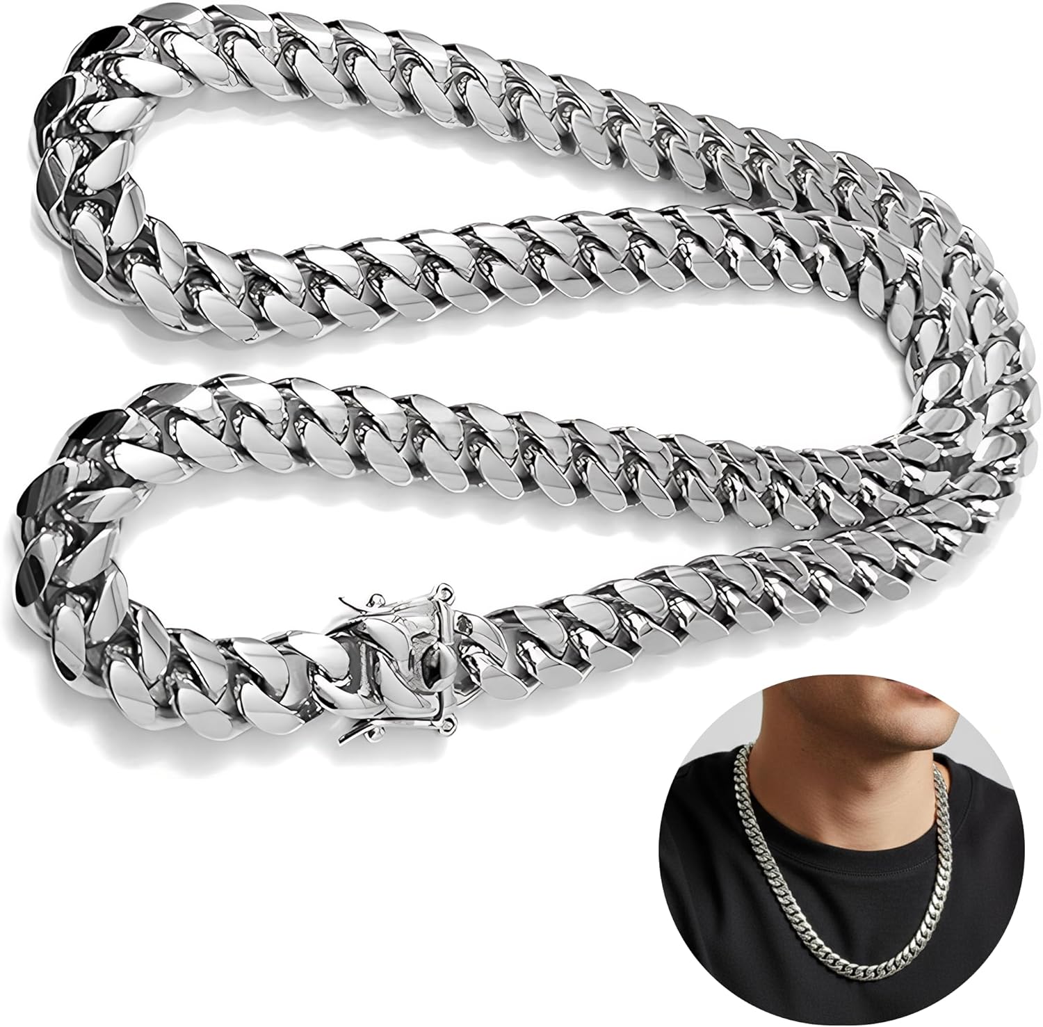 White Gold Cuban Link Chain Necklace for Men Real 14MM 14K Karat Diamond Cut Heavy w Solid Thick plated Clasp US Made - Image 2