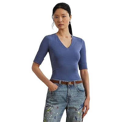 Lauren Ralph Lauren Stretch Cotton Elbow Sleeve V Neck T Shirts Women