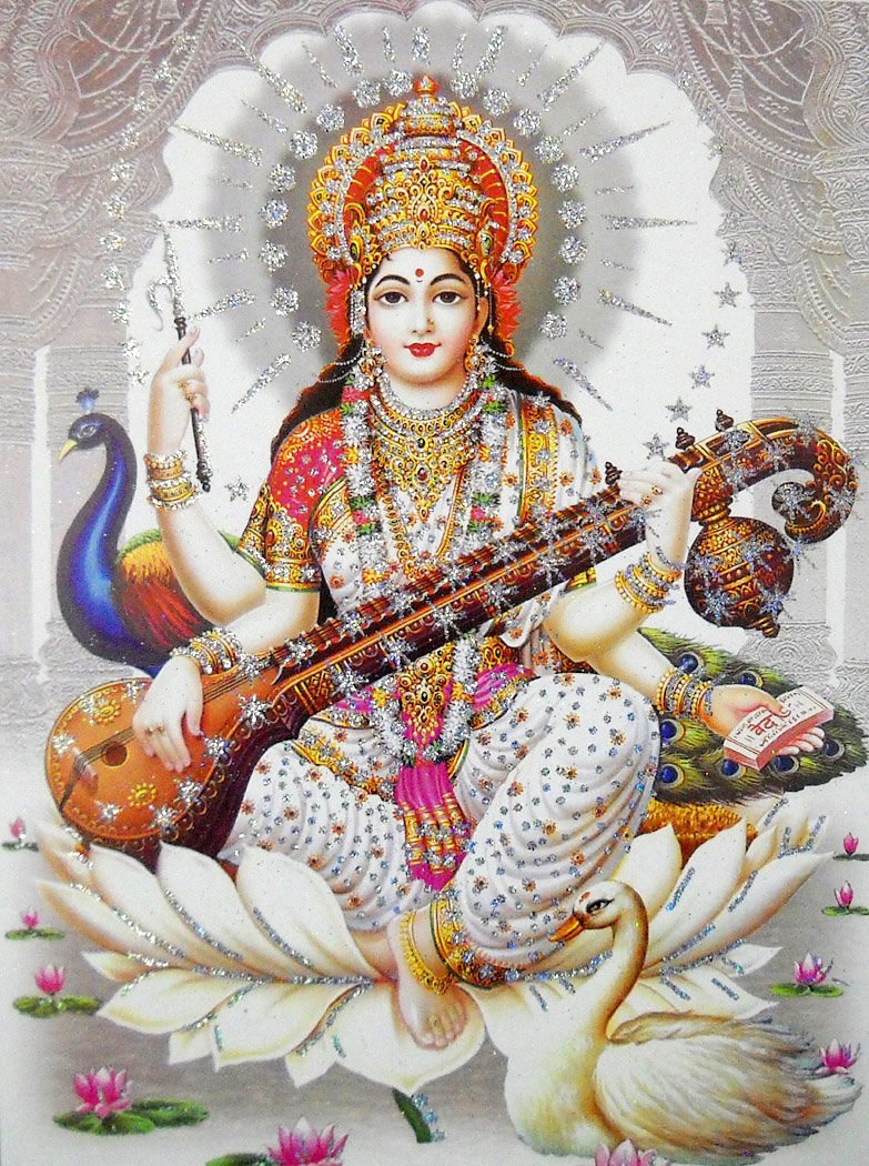 Crafts of India Goddess Saraswati Poster with Glitter-reprint on paper-(20X16 inches)