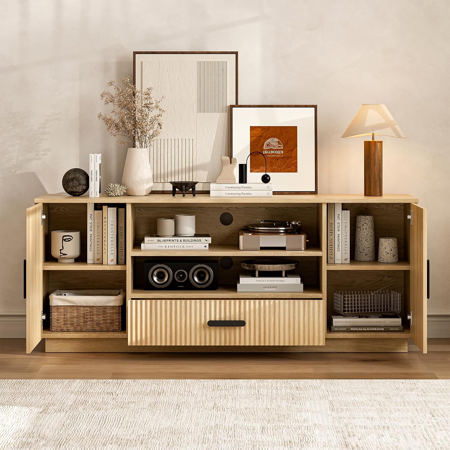TV Stand for Living Room ＆ Bedroom, Entertainment Center for 55/65/70 Inch TV, Modern Fluted TV Console with Storage Cabinets ＆ Drawer, Natural - Image 3