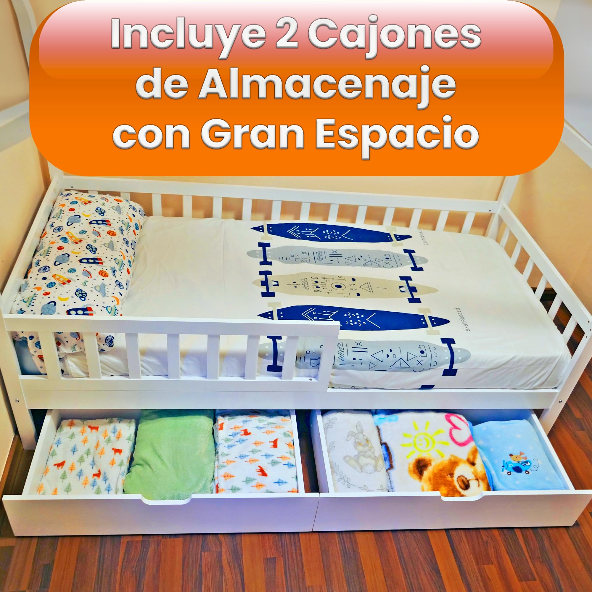 Unicview Cama Infantil Estilo cabaña de Madera Maciza con 2 cajones, Valla y somier, 90 x 200 cm, Color Blanco (sin colchón)