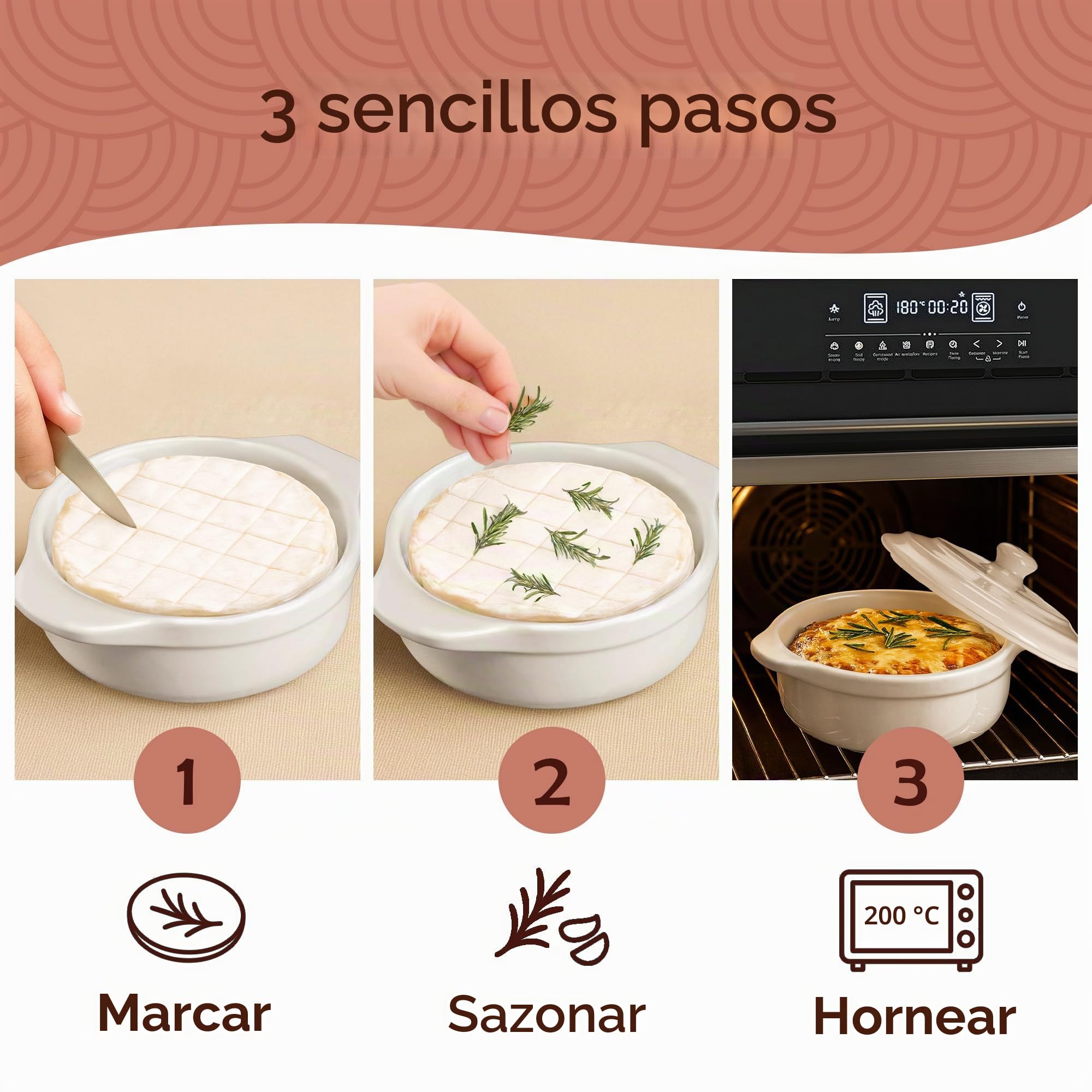 Muldale Camembert - Plato para hornear con tapa, juego de regalo, panadero de queso Camembert en color blanco, plato para hornear Brie, panadero de cerámica Camembert Baker - 14 cm - Con esparcidor y