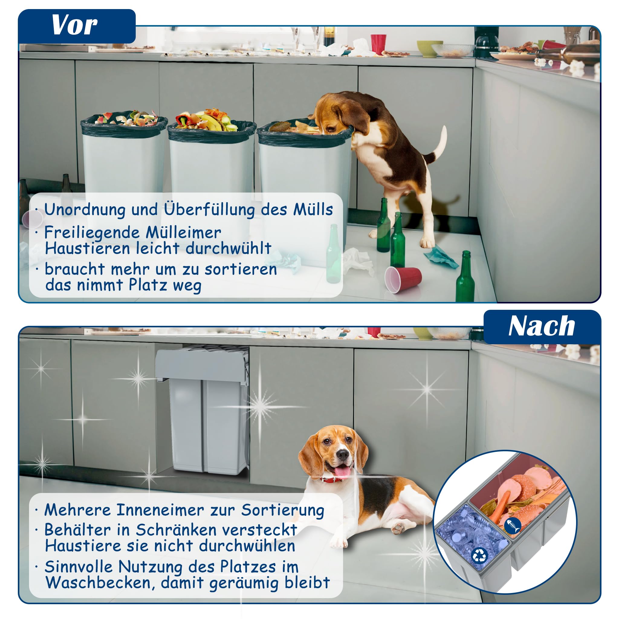 NAIZY Sistema de separación de residuos extensible, cubo de basura para cocina, 2 compartimentos, armario inferior con rieles telescópicos y tapa, cubo de basura para eliminación de basura (1 x 20 + 1