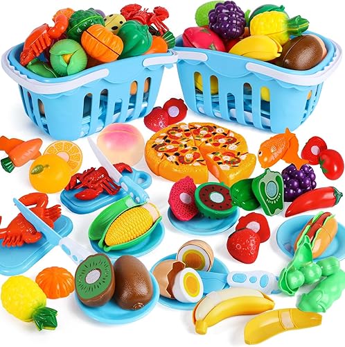 Juego de juguetes de comida para niños pequeños, juguetes STEM, corte de velcro, frutas, verduras, 2 cestas, tablas de cortar, cuchillos de cocina,