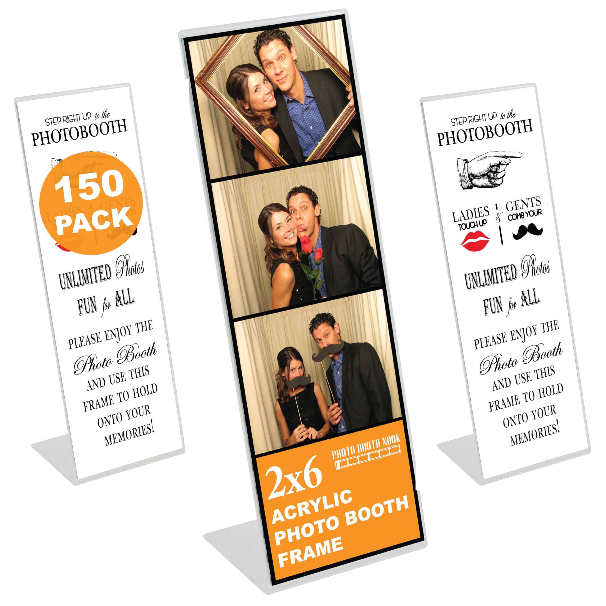 Photo Booth Nook | 2x6 Slanted Photo Booth Frames (150 Count) | Crystal Clear Acrylic Photo Booth Picture Frame with White Inserts | Bulk