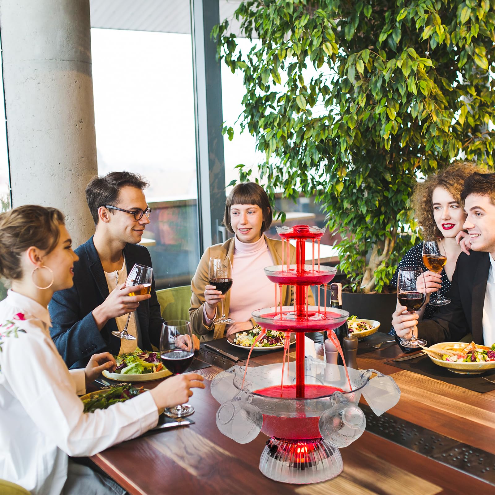 Fontaine de fête transparente à 3 niveaux, fontaine de fête à vin rouge avec 5 tasses pour boissons au vin liquide, base éclairée par LED, placement stable, pour jeux à boire, bar, fête d'anniversaire