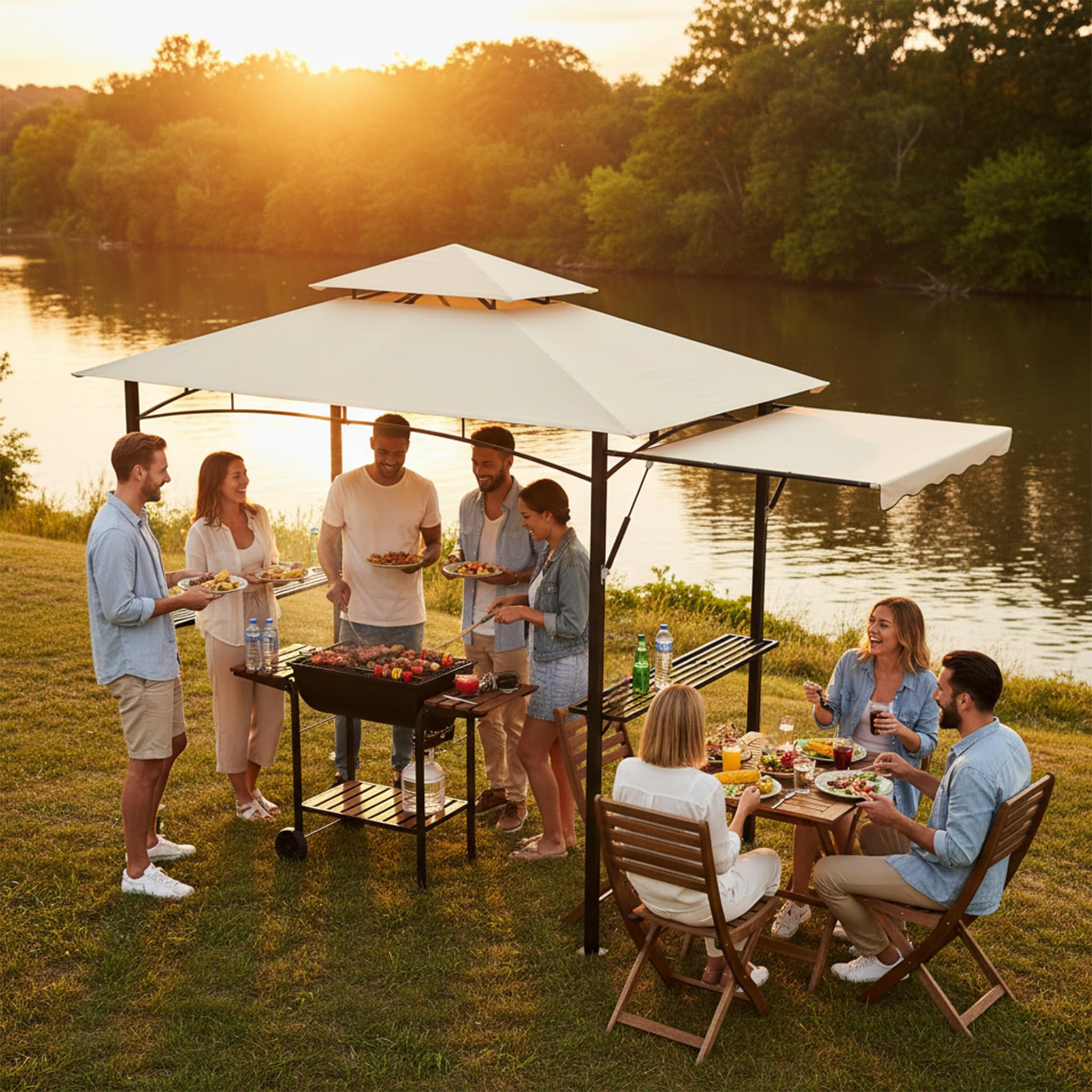 UISEBRT Tonnelle pour barbecue avec store latéral extensible, abri de barbecue avec 2 étagères, crochets et décapsuleur, double toit résistant aux intempéries pour ventilation et évacuation de la