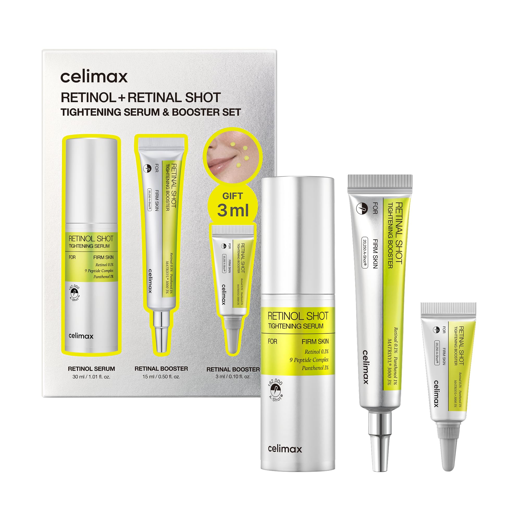 celimax Retinol + Retinal Shot Tightening Serum & Booster Set – Straffende Retinoid-Pflege mit Peptiden gegen Falten, feine Linien, sichtbare Poren und ungleichmäßige Hautstruktur, Korean Skincare