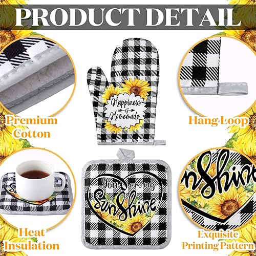 Miniatura 5 de Leinuosen Juego de 6 toallas de cocina con girasoles a cuadros, decoración y accesorios, juego de guantes de horno y soportes para macetas, paños