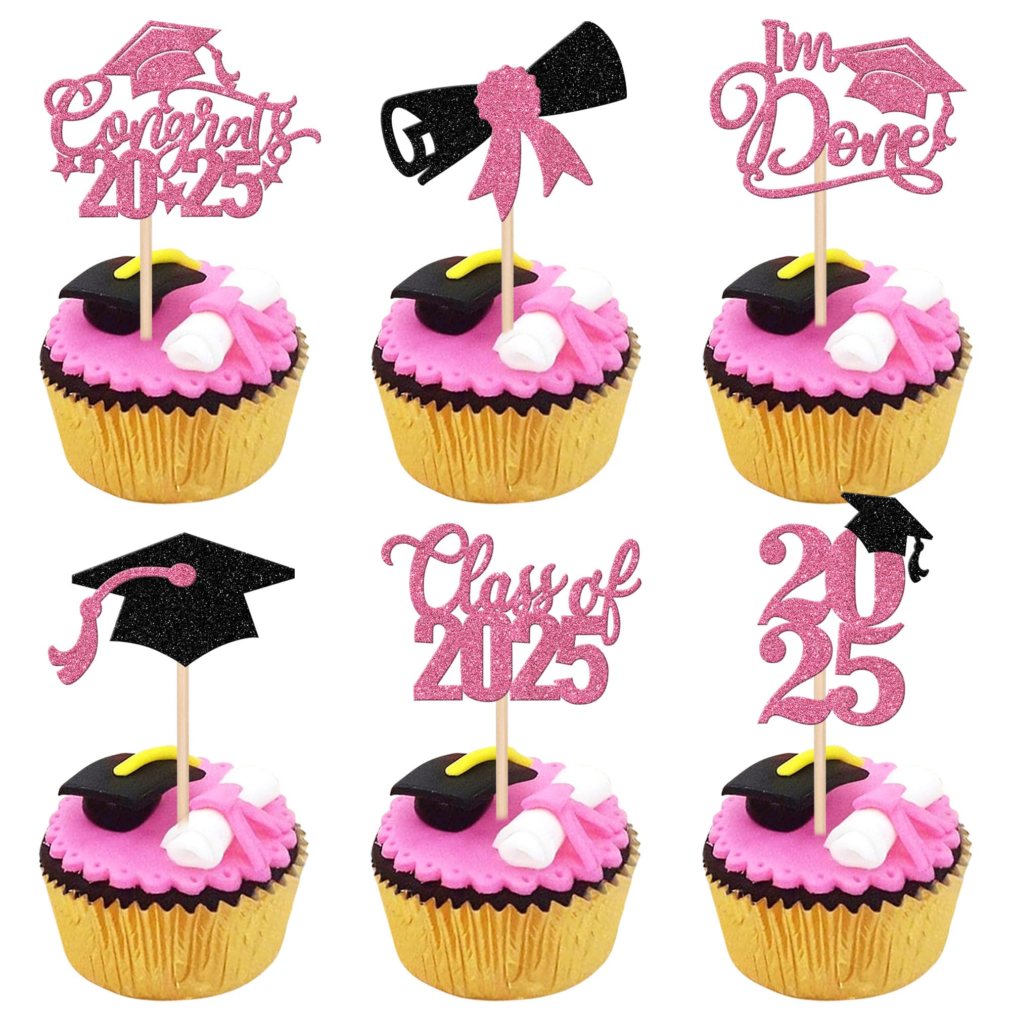 ZHUOWEISM 24 PCS Pink Graduation Cupcake Toppers - Class of 2025 Graduation Theme - 4 Designs - 24 Pieces