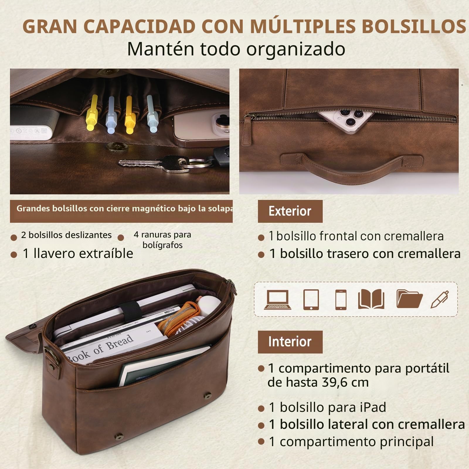RAINSMORE Bolso bandolera de cuero para hombre, 15.6 pulgadas, impermeable, vintage, maletín para computadora, bolso grande para el trabajo, negocios, oficina, universidad