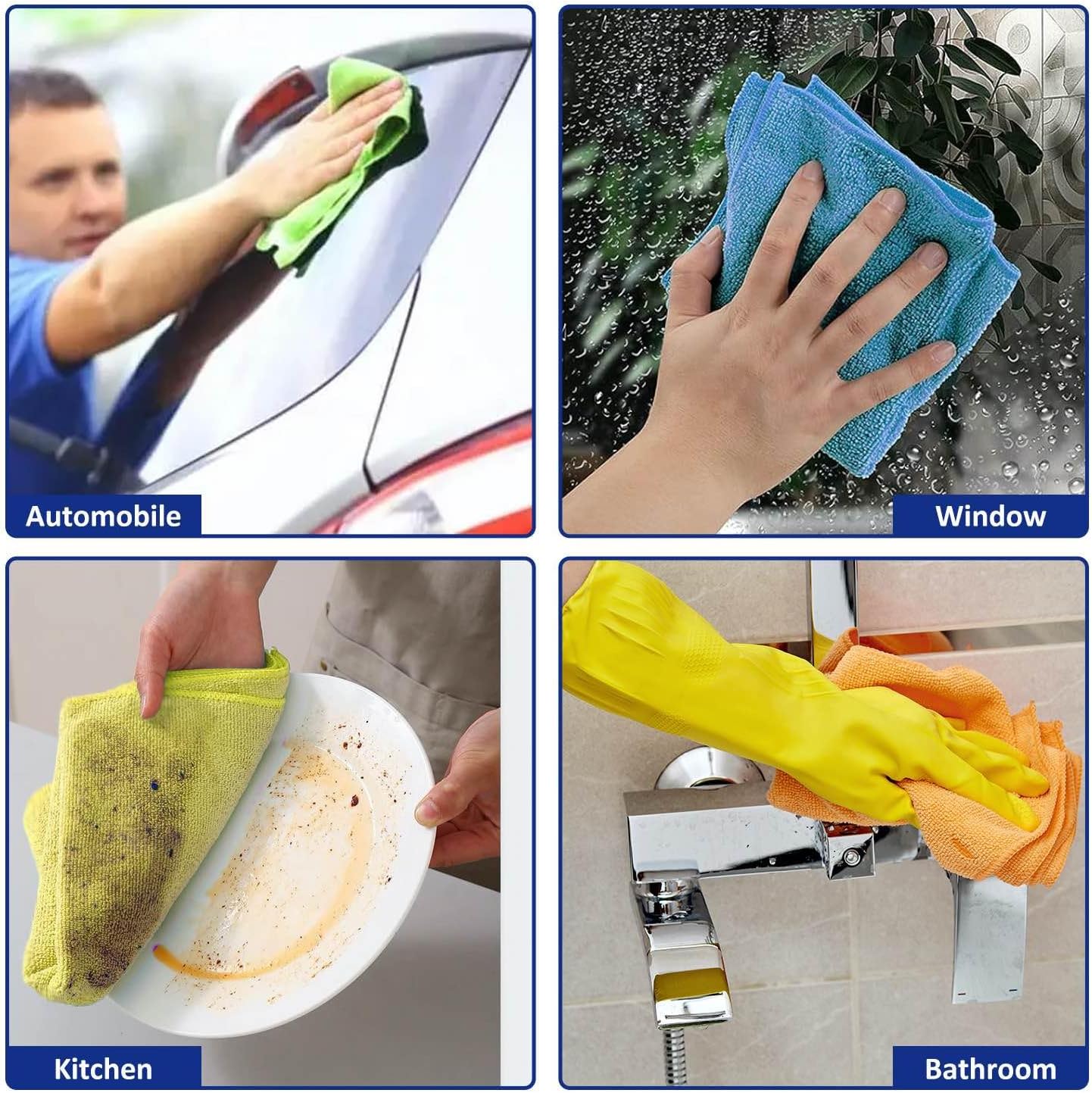 Microfiber Cleaning Cloths (12-Pack), 14" x 14", Ultra Absorbent, Lint-Free, Streak-Free, Reusable, Ideal for Car, Kitchen, Window, and Household Cleaning (Orange/Yellow/Green/Blue)