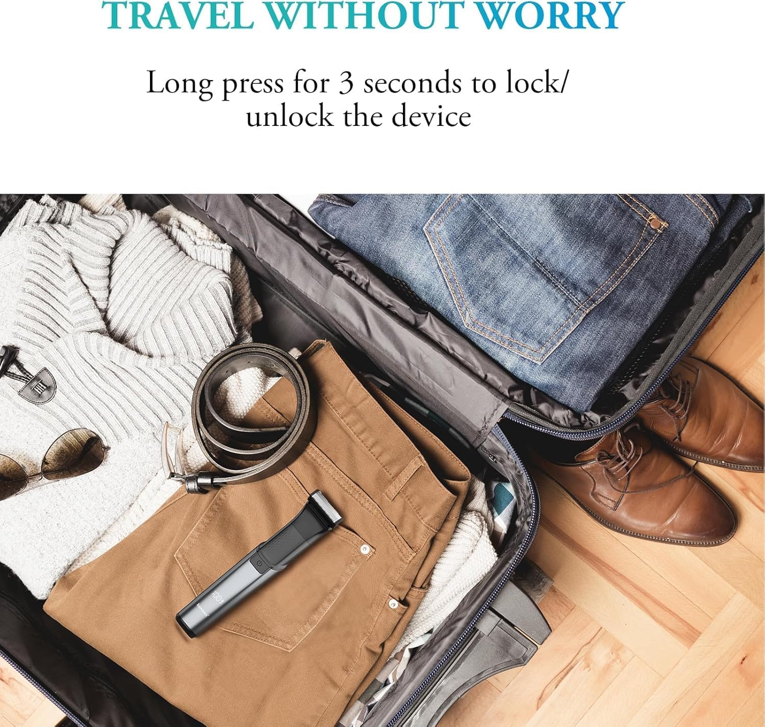 Kensen Body Hair Trimmer with a travel lock icon and battery percentage display, shown next to luggage for travel convenience.