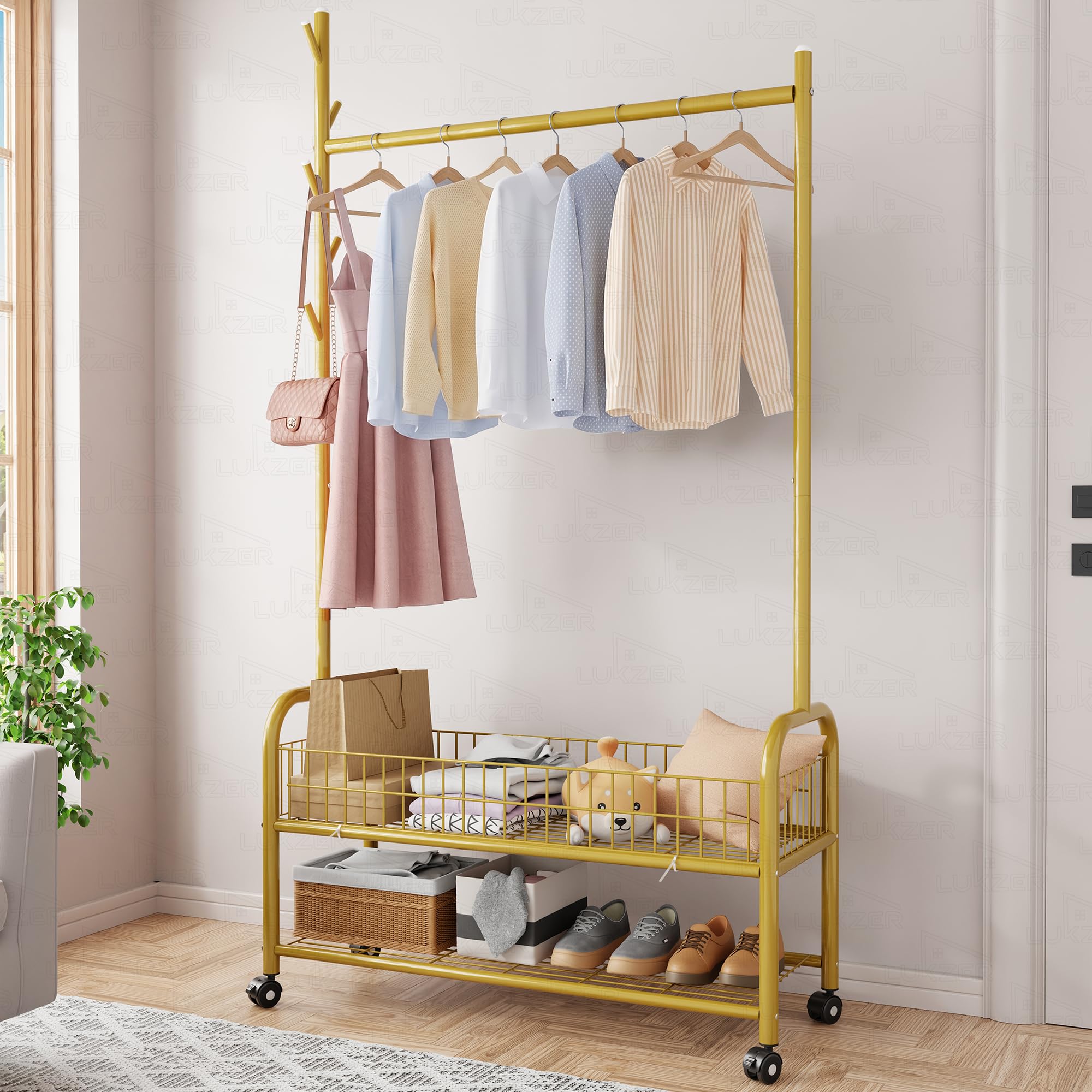 Lukzer | MGR-002 | Gold | Metal Garment Rack with Wheels, 2 Bottom Mesh Shelves & Single Rod – Portable Cloth Stand & Storage Organizer for Clothes, Shoes, Bags in Bedroom & More | 173 x 90 x 34 cm