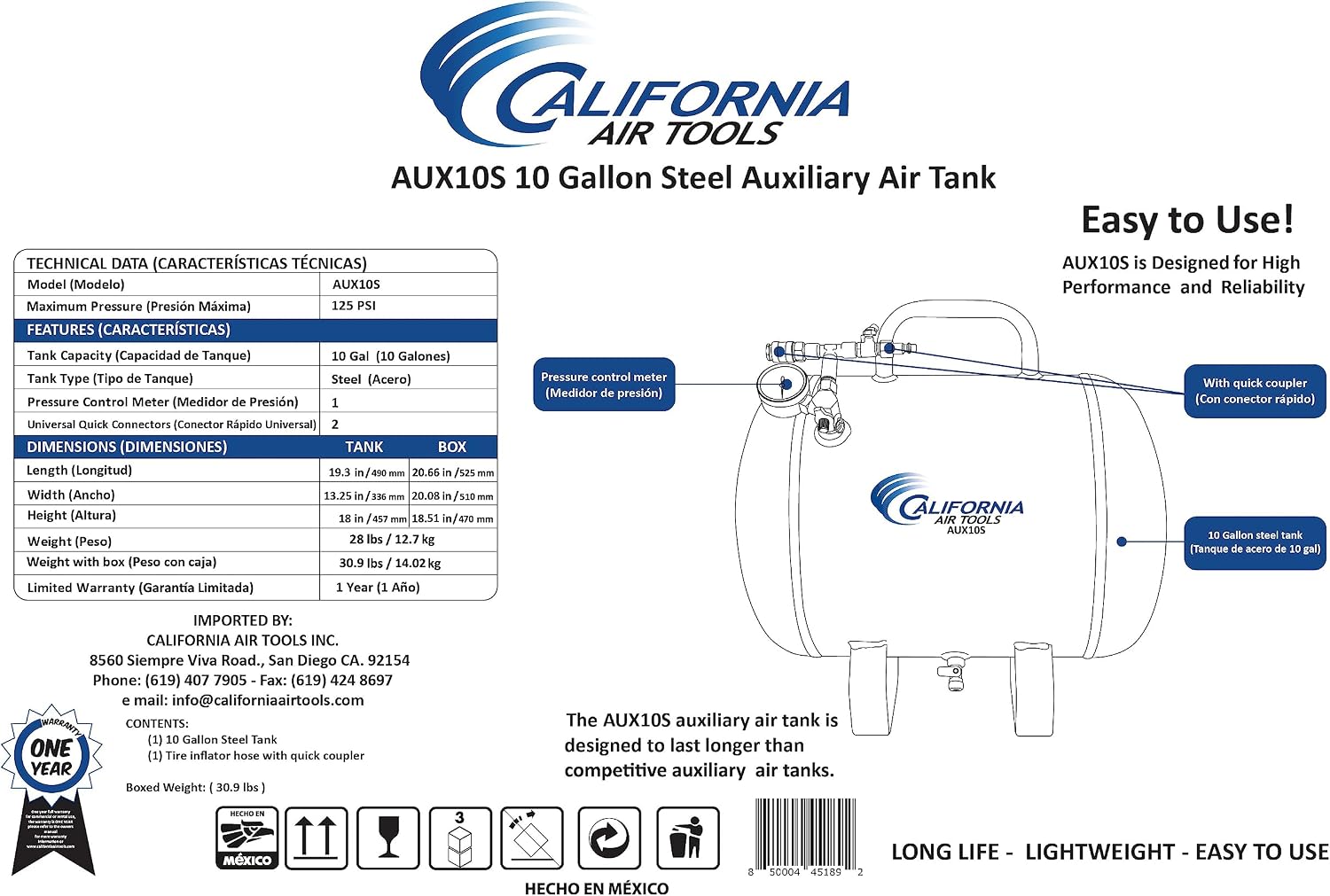 AUX10S Portable 10 Gallon Steel Air Tank