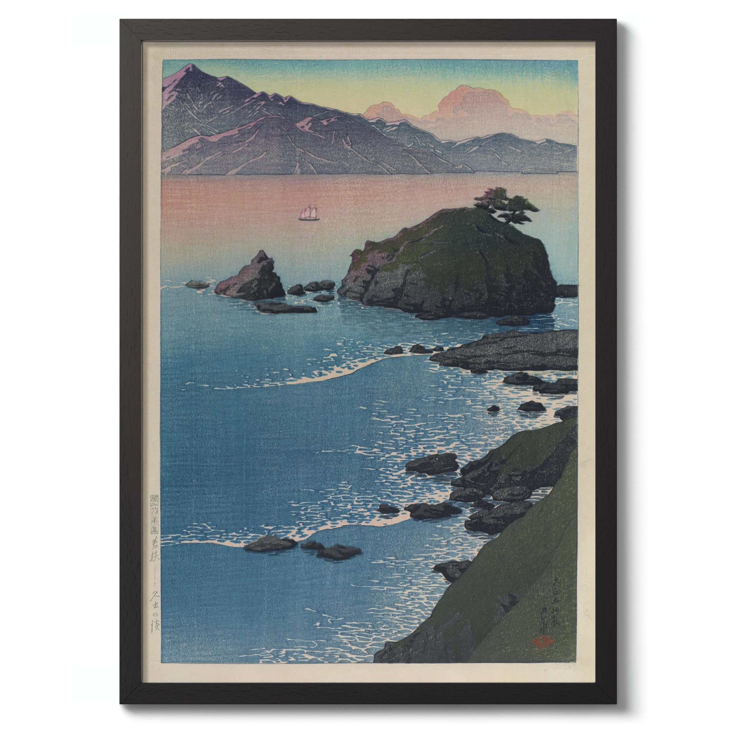 Animato Kude Beach, Wakasa Kawase Hasui Poster, Japanese Woodblock Ukiyo-E Print, Vintage Art Picture Painting Wall Art Exhibition, Archival Matte, 50x70cm (Black Frame) - 50x70cm