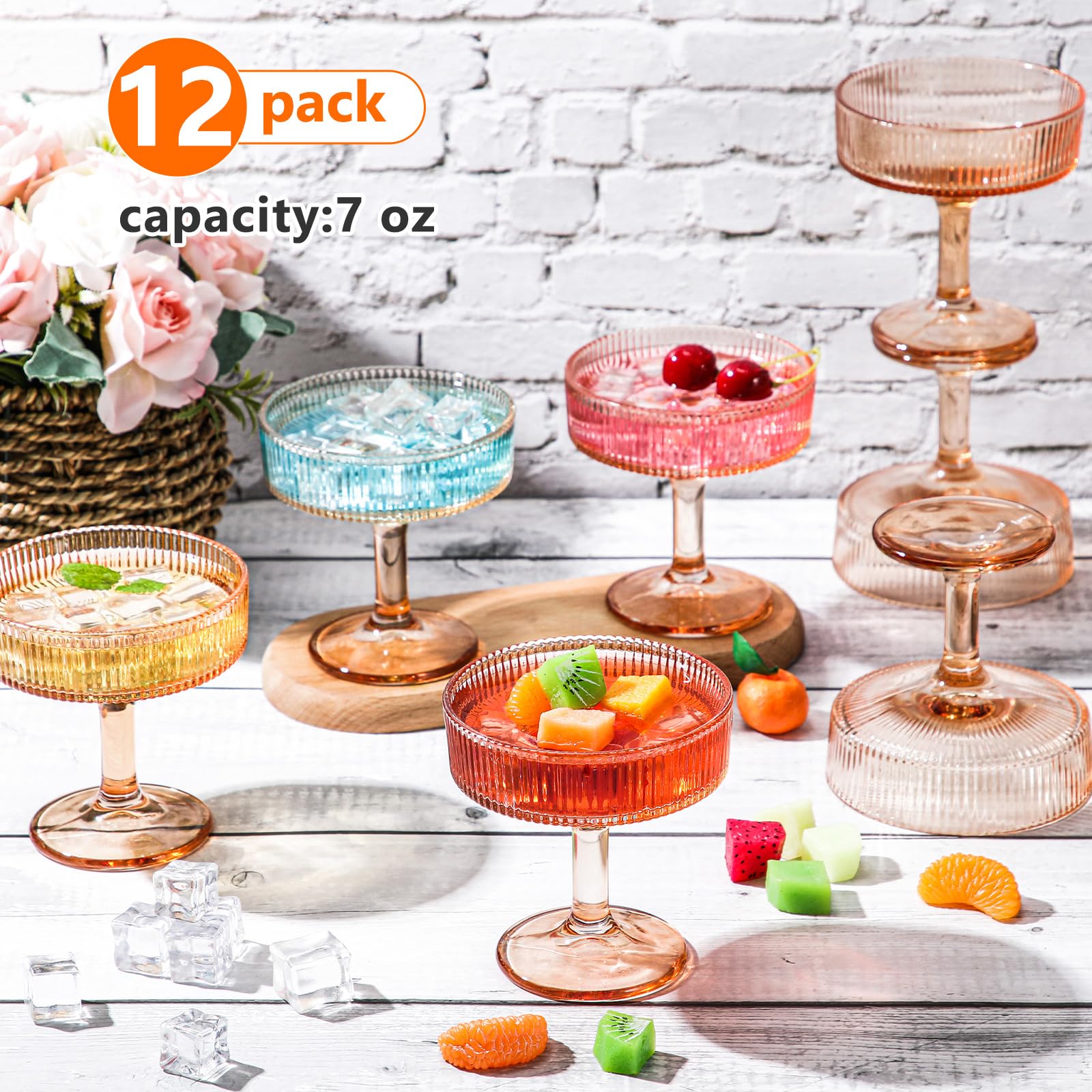 Teenyyou 12 copas acanaladas vintage de 7 onzas, copas de martini, copas de champán, copas de cóctel clásicas, cristalería acanalada reutilizable para champán, cóctel, martini, estilo europeo (rosa