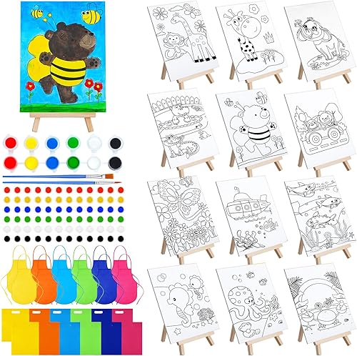 Tenceur Juego de 48 piezas de recuerdos de fiesta de pintura para niños con 12 paneles de lona predibujados y caballete de madera, juego de macetas