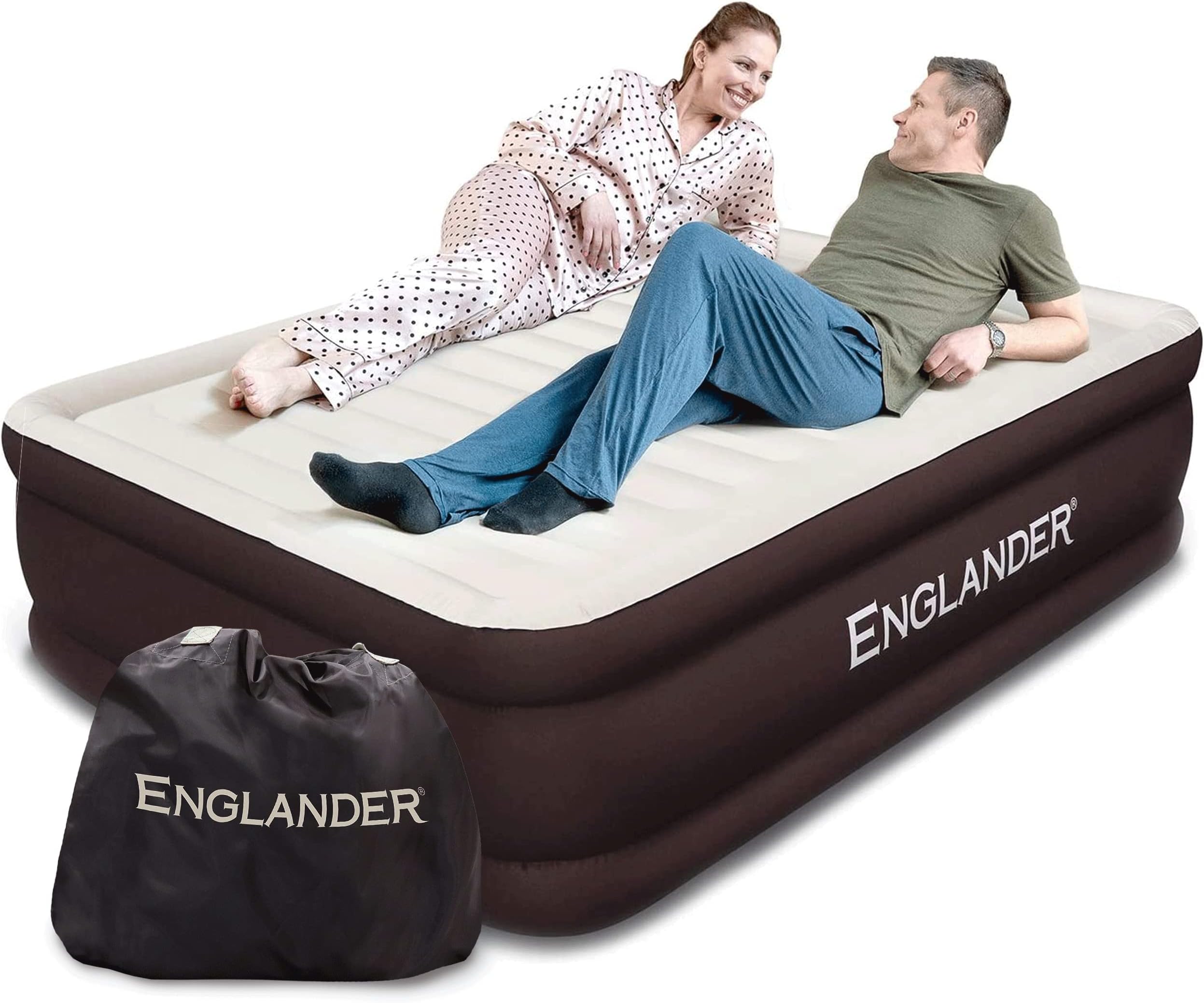 First Ever Microfiber Air Mattress, Microfiber Airbed with Built in Pump Queen Brown/Cream Top