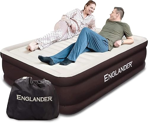 Englander Colchón de aire tamaño Queen con bomba incorporada, cama inflable doble de lujo para el hogar, viajes y campamento, cama inflable de Marrón