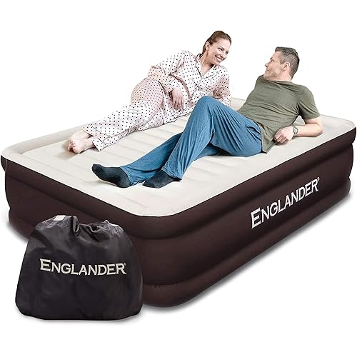 Englander First Ever Microfiber Air Mattress, Microfiber Airbed with Built in Pump Queen Brown/Cream Top