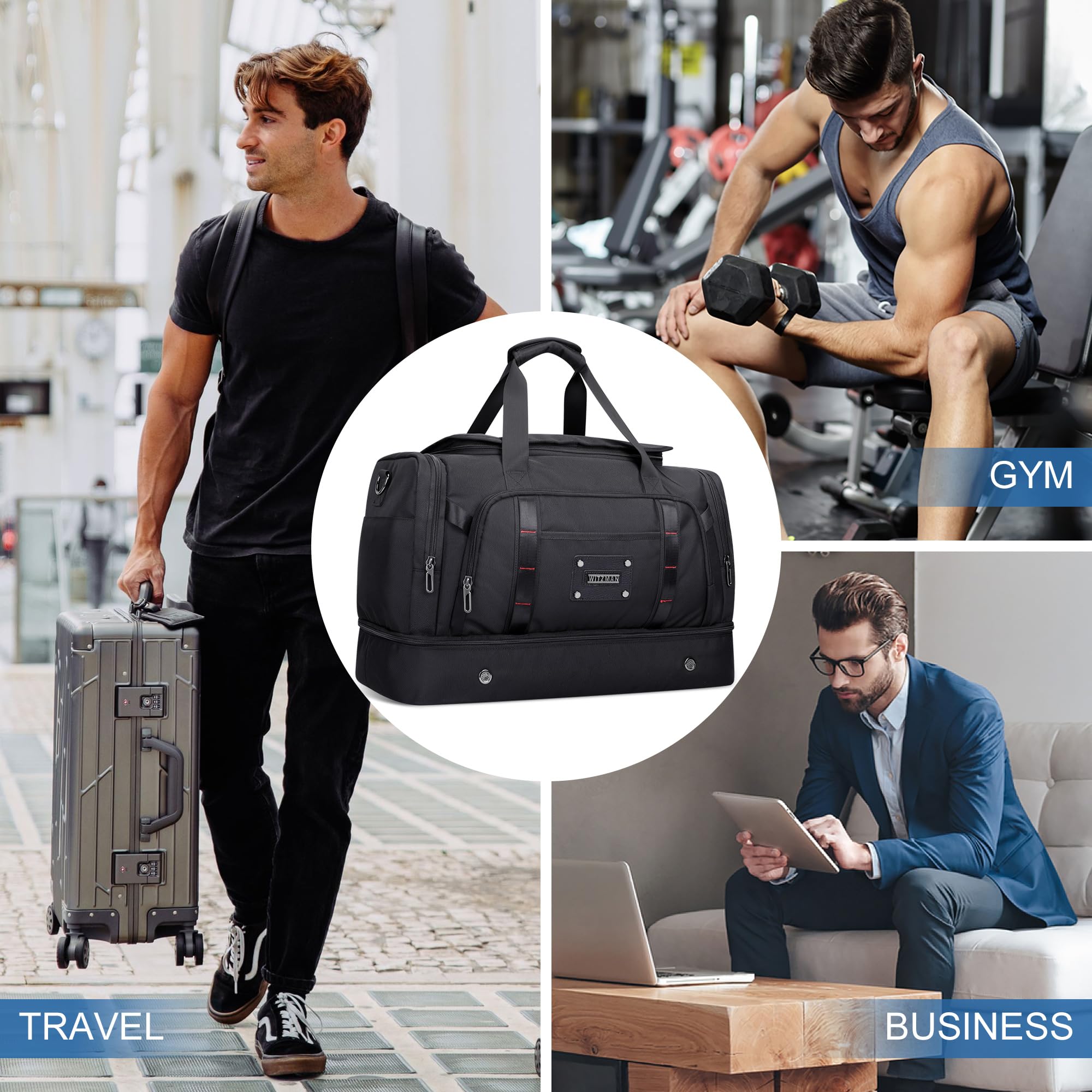 WITZMAN Nylon Reisetasche Herren 55L Weekender Sporttasche mit Schuhfach | Mehrere Taschen mit Nassfach, Konvertierbar, Große Kapazität, Eine für Reisen, Sport, Sauna, Training, B720 Schwarz