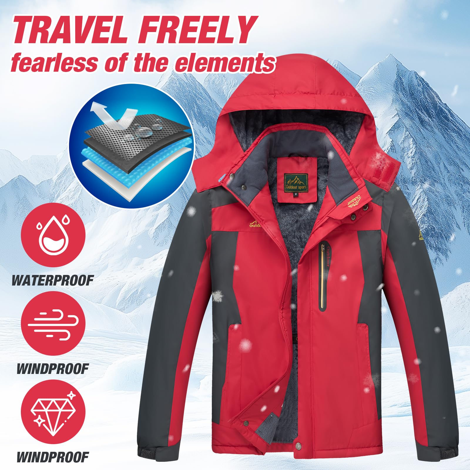 Chaqueta de esquí de invierno para hombre, cálida, impermeable, forro polar, abrigo de nieve con capucha, resistente al viento, impermeable de montaña