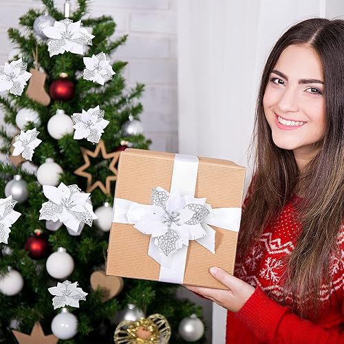 Miniatura 5 de Juego de 36 flores de pascua sintéticas navideñas con purpurina, adornos para decorar bodasárbol de navidadaño nuevo (blanco)