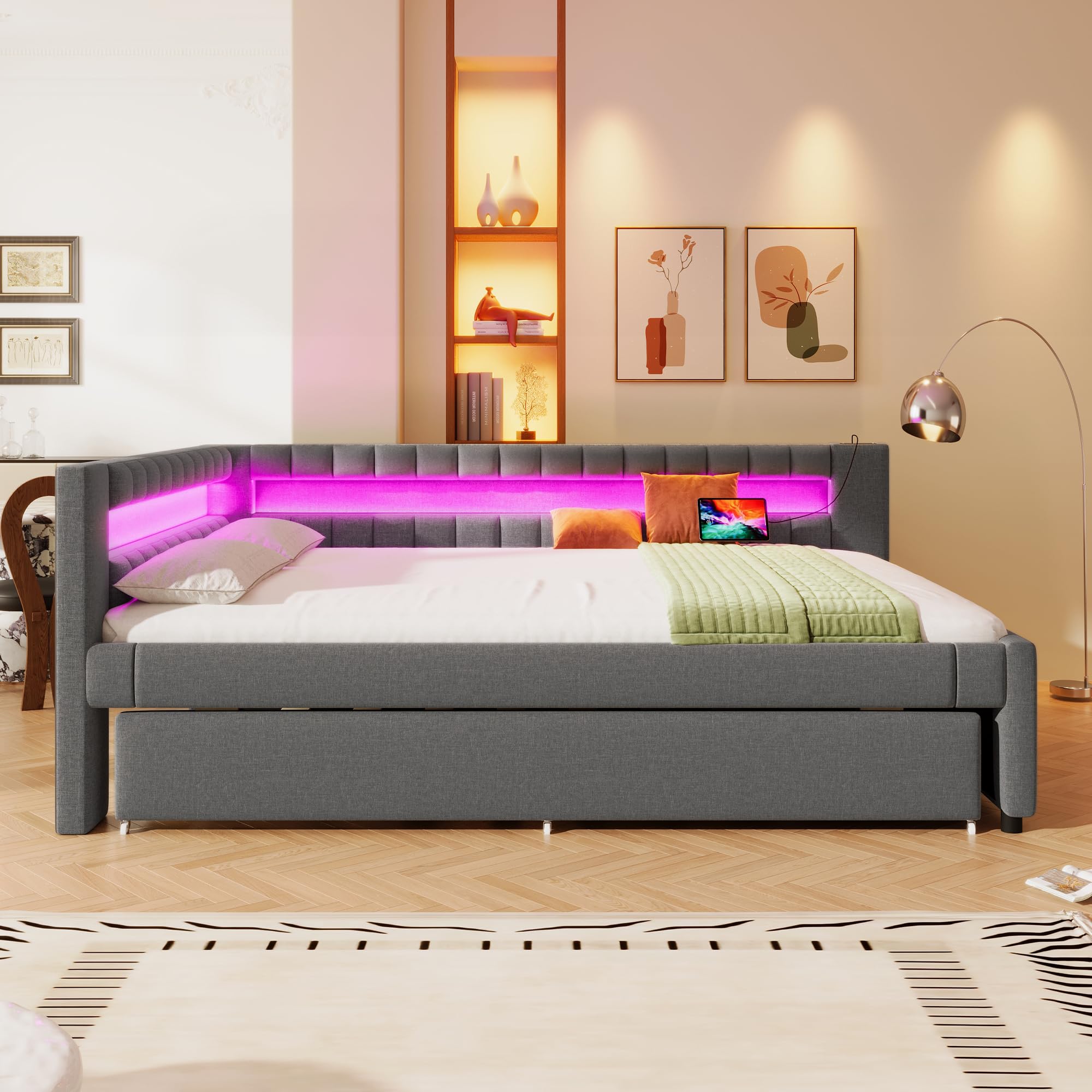 Lubvtti Divano letto 140×200 cm, testiera a L con striscia luminosa a LED, Divano letto con letto estraibile 90×190, Letto matrimoniale con porta USB, Tessuto in lino, Grigio (materasso non incluso)