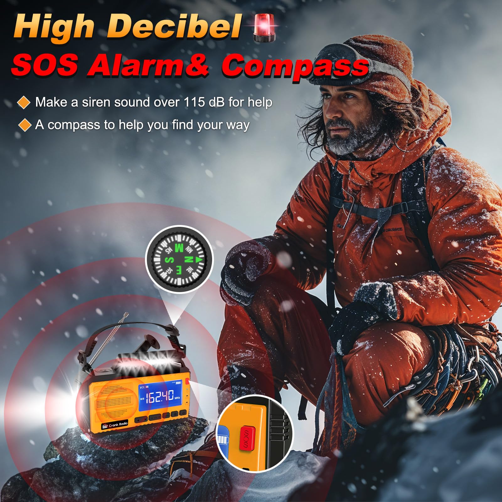 Hand Crank Emergency Radio 7400mWh (2000mAh) Solar Hand Crank Radio Built in 3 Charging Cables AM/FM/NOAA Weather Radio Battery Operated Hand Crank Charger for Emergency Supplies Survival Gear