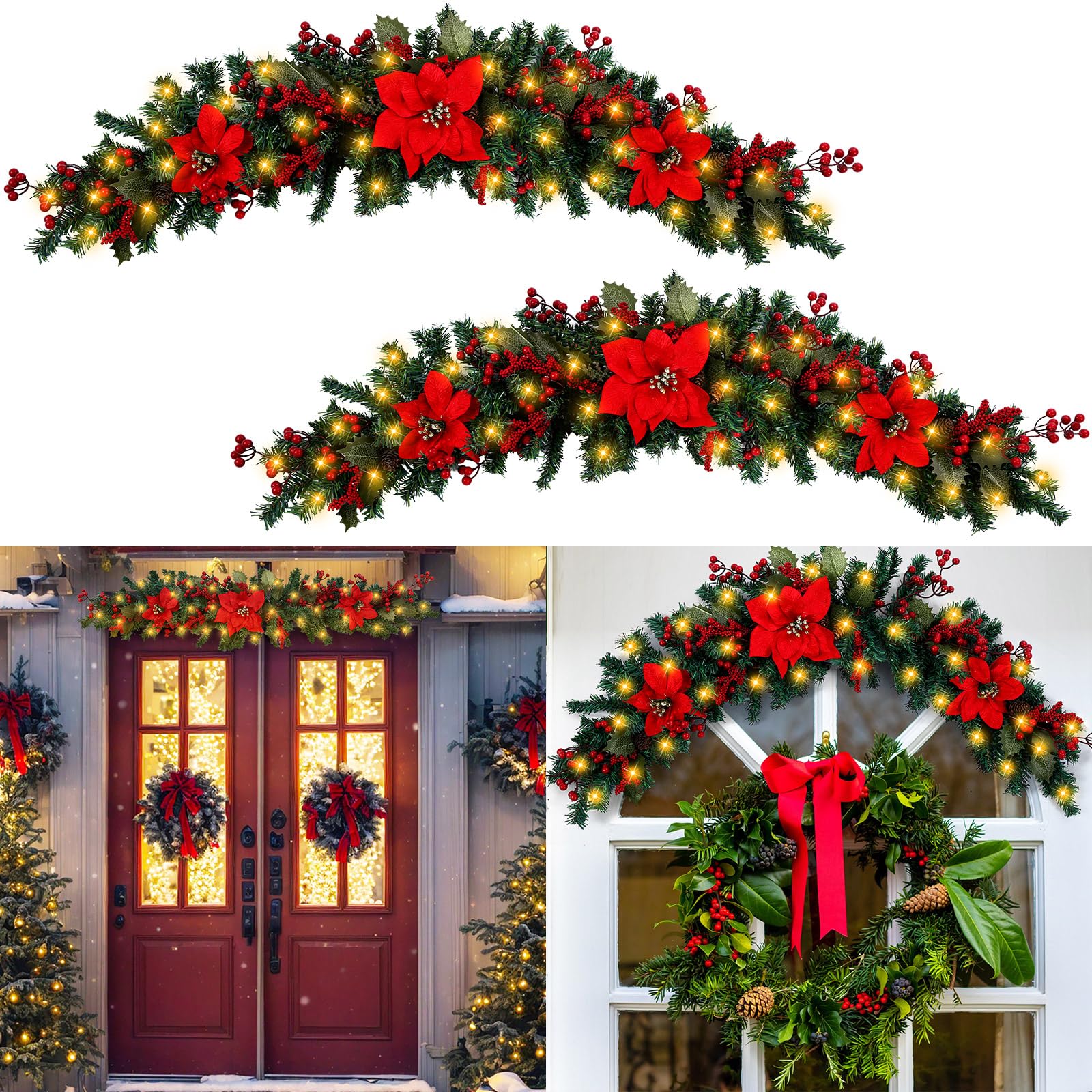 Guirlande poinsettia artificielle haut de gamme 114 cm à DEL
