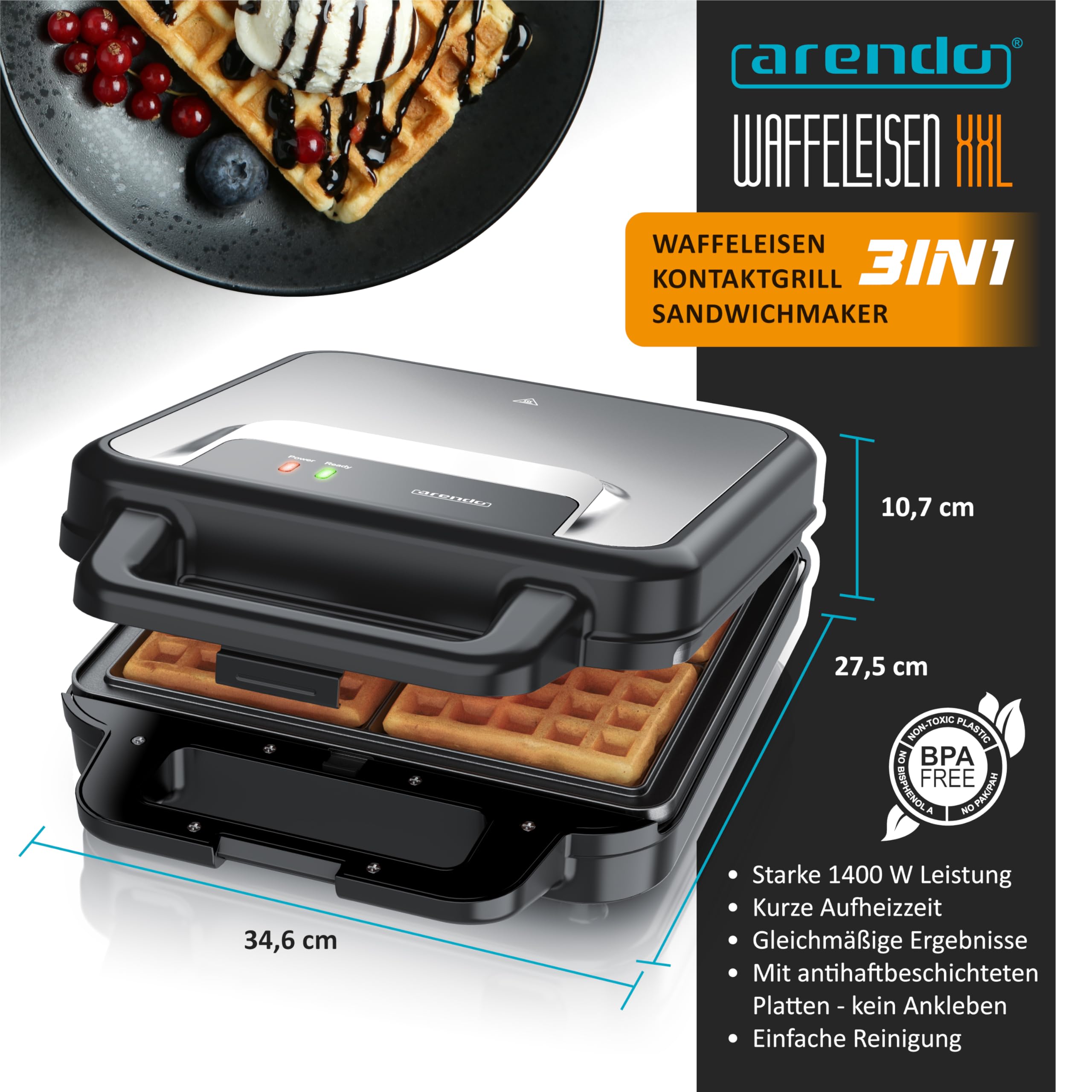 Arendo - Waffeleisen XXL 4er - 3 in 1 Sandwichmaker Kontaktgrill mit abnehmbaren Platten - mit Antihaftbeschichtung - Sandwichtoaster - 4er Platten - belgische Waffeln