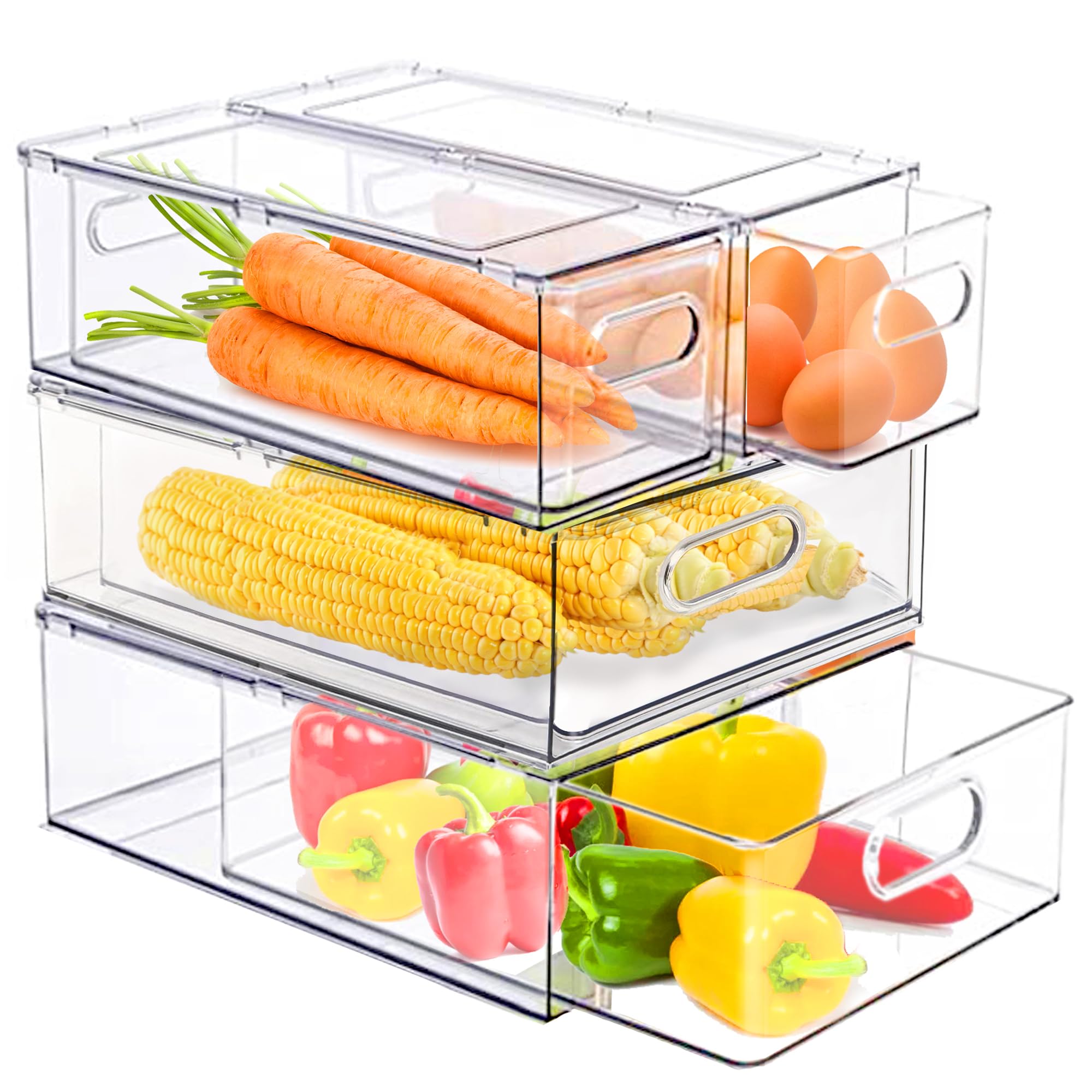 Photo 1 of 4 pack Stackable Refrigerator Organizer Bins with Drawers,Clear Fridge Organizer bins Pull Out Drawer, Fridge Organizer Drawer, refrigerator organizers and storage for Food, Fruit, Veggie Drawer Set ?2 small+2 extra large)1022601831