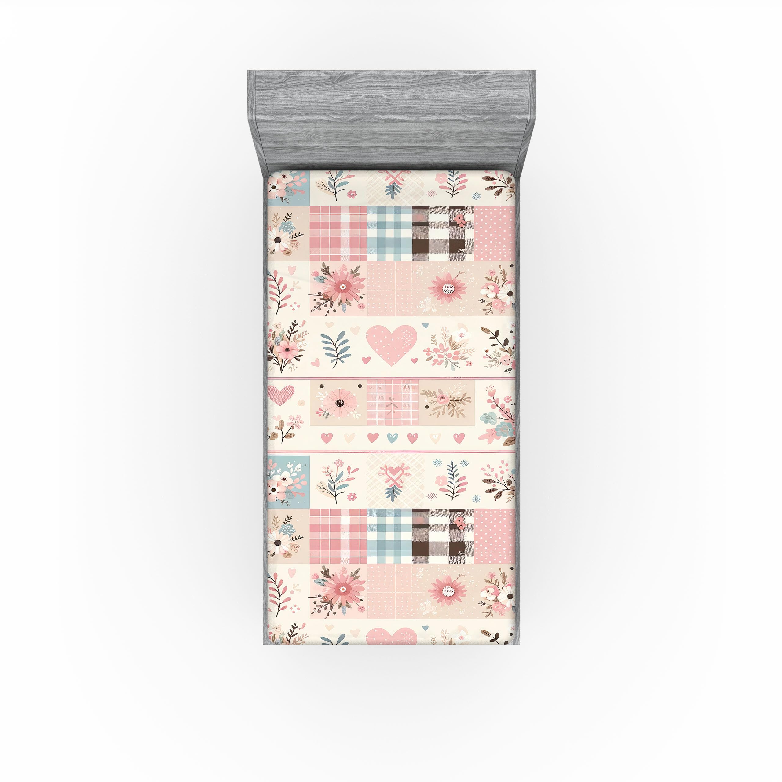 Ambesonne Romantic Fitted Sheet Set, Simple Scandi Leaves and Floral with Plaid Ornaments Pastel Tone Print, Bed Cover with All-Round Elastic Deep Pocket 2 Pcs, Twin XL Size, Blush Beige Slate Blue