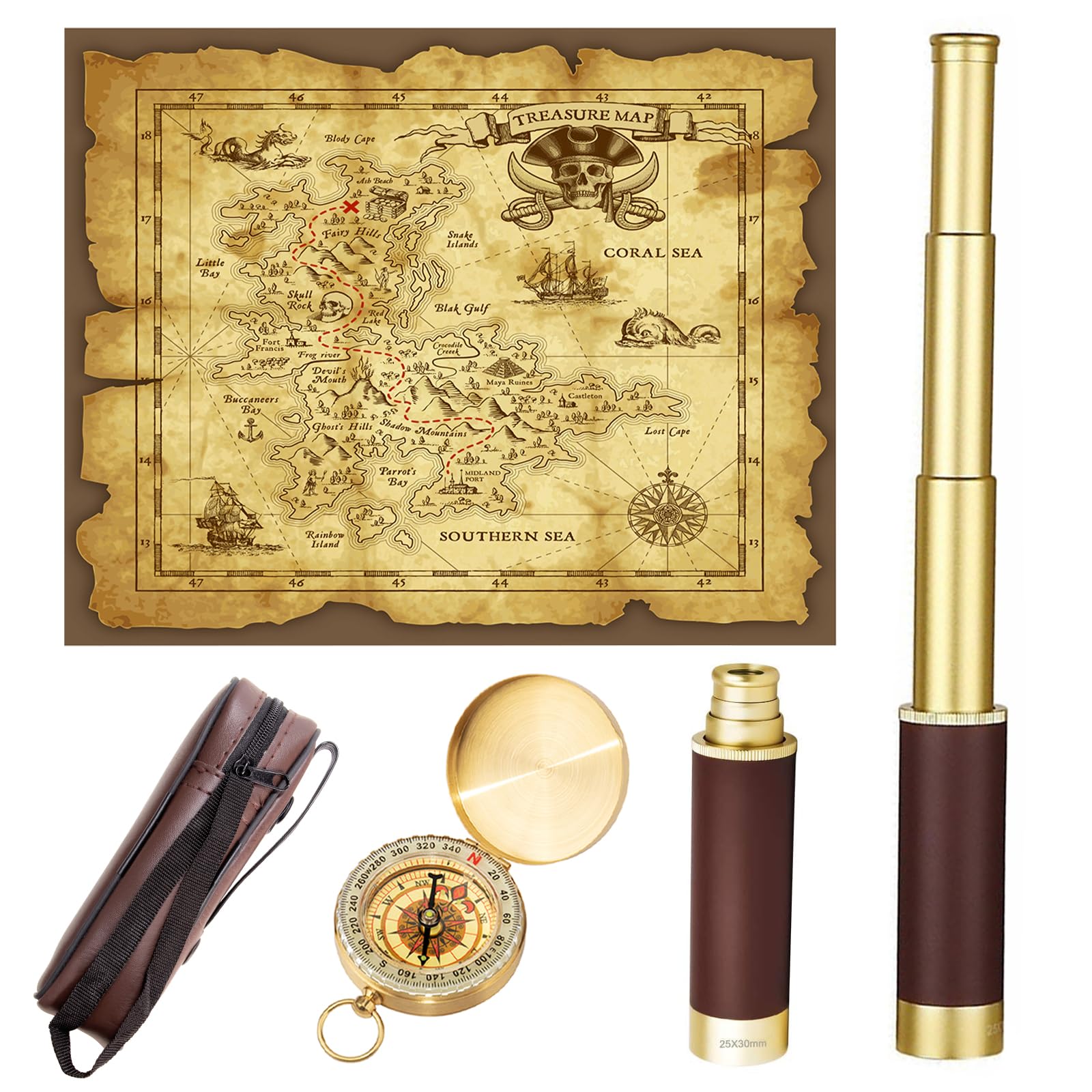 Télescope Pirate Rétro Monoculaire Zoomable avec Carte au Trésor 25x30 Vintage Longue Vue Enfant Lentille BAK-4 Imperméable Mini Télescope avec Boussole pour Camping Observation des Oiseaux