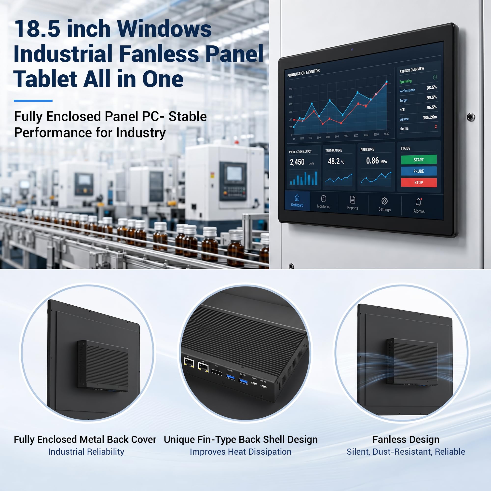 Panel PC-HEIGAOLAPC 18,5" Industrie Touch Panel Computer All in One Win11 Pro, Fanless Embedded Touchscreen Tablet N100, 8GB Ram 128GB Rom, 1920*1080 IPS, HDMI2.0, Type-C3,1, 2*USB3,2, 2*USB2,0, 2*LAN