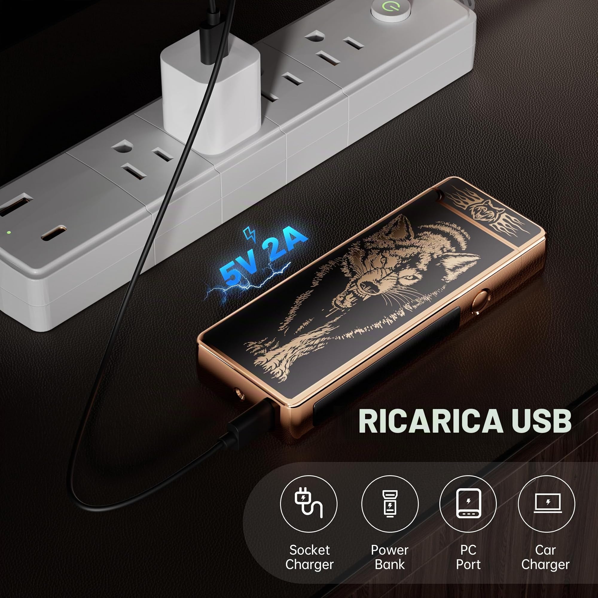 Regalo accendino elettrico, indicatore della batteria, accendino USB al plasma, ricaricabile, antivento e fiamma, doppio arco con indicatore della batteria per candele/barbecue (lupo)