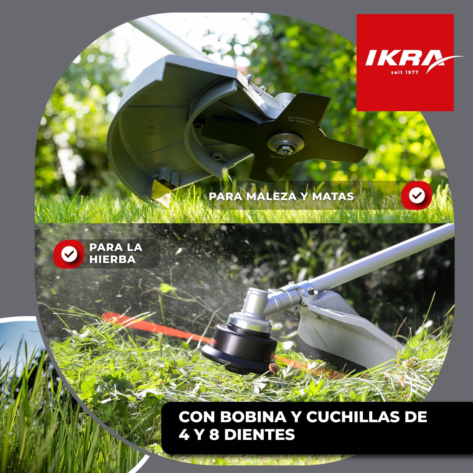 IKRA desbrozadora de Gasolina IBF 25-1 con prácticos Accesorios | Incl. cuchillas 4 y 8 dientes, carrete, gafas y cinta de hombro, motor de 2 tiempos, ancho de corte de 23 cm, 25 cm³, 0,8 kW